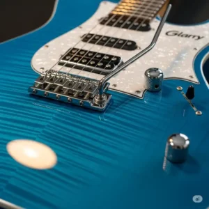 A shot of the sleek body of a glarry electric guitar, highlighting its color and design.