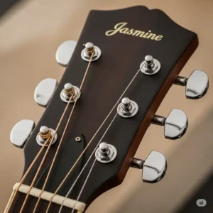 the distinctive headstock and tuning pegs of an acoustic jasmine guitar, ready for tuning.