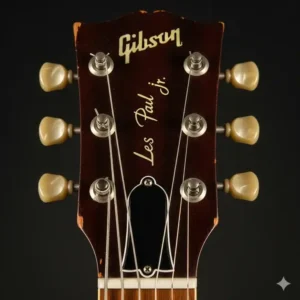 A close-up of the Gibson headstock with the "Gibson" logo and Kluson tuners found on a classic Les Paul Jr guitar.