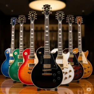 An array of different color variations for the lp custom guitar, including classic black, cherry sunburst, and white.