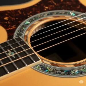 Ornate soundhole of an acoustic oscar schmidt guitar.