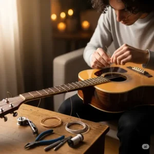 A detailed illustration or photo guide on the process of restringing a left-handed acoustic guitar, showing the correct string winding and cutting techniques.