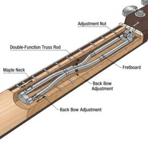 A cross-section diagram of a Seagull acoustic guitar neck, showing the double-function truss rod and its adjustability.