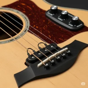 A view of the Expression System 2 (ES2) electronics on the Taylor 110e, demonstrating the innovative behind-the-saddle pickup design.