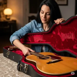 A woman carefully lifts her acoustic guitar from its protective case, preparing to play a song.
