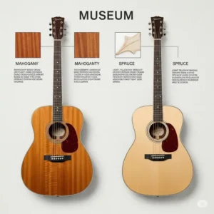 A visual guide showcasing how different wood types, like mahogany and spruce, affect the tone and appearance of a dreadnought acoustic guitar.