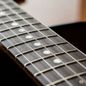The fretboard of a quality $300 wooden guitar, showing its clean frets and dot inlays.
