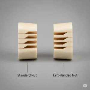 A side-by-side view comparing a standard guitar nut with a specialized nut designed for a left-handed acoustic guitar, highlighting the difference in string slot orientation.