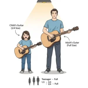 A chart showing a child and an adult holding different sized acoustic guitars, to help a person pick the right size when buying their best budget acoustic guitar.