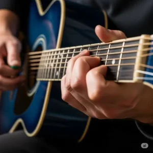 A person's hands expertly fretting chords on the neck of a blue acoustic guitar. The image is a great visual for a tutorial or guide on how to play the guitar.