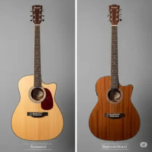 A side-by-side comparison of a burswood guitar with another beginner guitar brand.