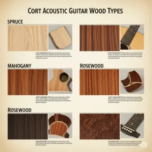 A visual guide showcasing the various wood types used in cort acoustic guitars, such as spruce, mahogany, and rosewood.