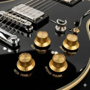 Close-up of the volume and tone knobs on a Dean Cadillac guitar, showing the control layout.