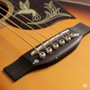 The classic Epiphone bridge and compensated saddle on the epiphone hummingbird pro acoustic electric guitar, providing excellent intonation.