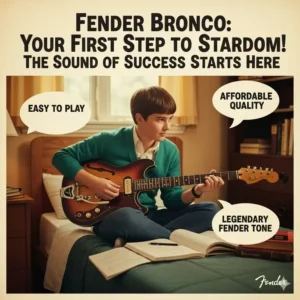 A vintage advertisement for the Fender Bronco guitar, showcasing its history and appeal as a student model from the 1960s.