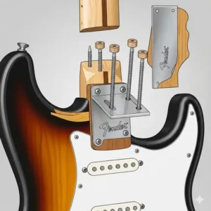 An illustration detailing the bolt-on neck joint where the Fender Stratocaster guitar neck connects to the body.