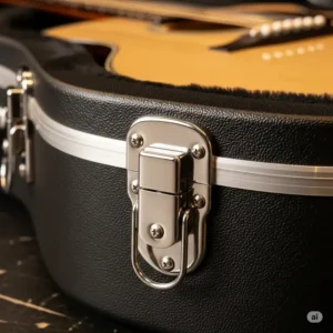 A detailed view of the sturdy, chrome latches on a hardshell case, which securely lock an acoustic guitar in place for transport.