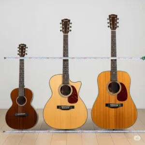 A comparison of acoustic guitar sizes, demonstrating the dreadnought acoustic guitar's larger scale compared to parlor or grand concert models.