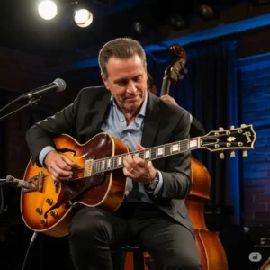 A jazz musician playing a beautiful archtop acoustic guitar in a live performance setting, demonstrating its common use in jazz and blues.