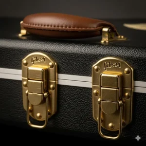 A close-up of the durable latches on a genuine Gibson Les Paul hardshell case.
