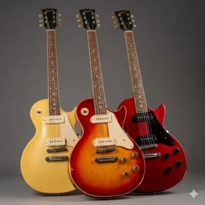 An image showcasing the various finishes available for a Les Paul Jr guitar, including TV Yellow, Sunburst, and Cherry.