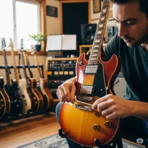 A musician fine-tuning their lp custom guitar, demonstrating the ease of adjustment for a perfect setup.