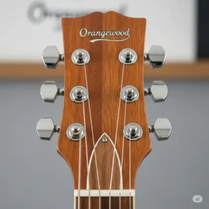 A close-up view of an Orangewood guitar's headstock, showing the tuning pegs and the subtle Orangewood logo.