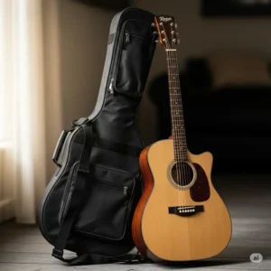 A full illustration of a rogue acoustic guitar next to its black gig bag, ready for travel or storage.