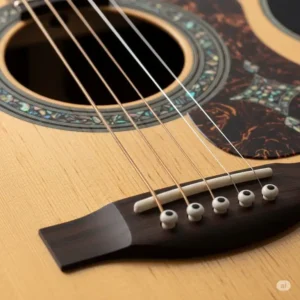 a beautiful shot of the rosette and bridge of a Jasmine guitar, emphasizing its craftsmanship.
