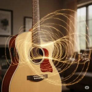 An image illustrating the sound projection from the body of a Seagull acoustic guitar, emphasizing its clear and resonant tone.