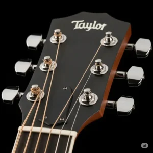 The die-cast chrome tuners on the headstock of the Taylor 110e, ensuring reliable and precise tuning stability.