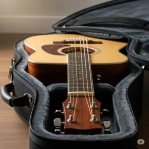 The 300$ wooden guitar resting in a padded gig bag, ready for travel and protection.