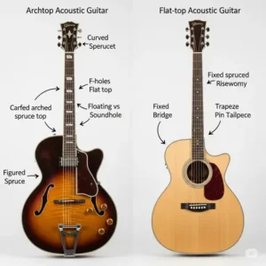 A side-by-side comparison image of a traditional archtop acoustic guitar and a flat-top acoustic guitar, highlighting their structural differences.