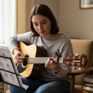 a beginner learning to strum their first chords on a Jasmine acoustic guitar.