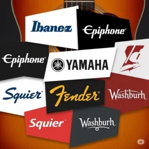 A visual showing the logos of popular and reputable guitar brands known for making the best budget acoustic guitar.