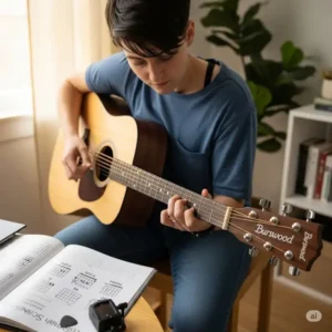 A person playing their first chords on a burswood guitar, perfect for new learners.