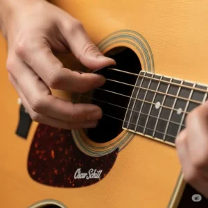 Close-up of a hand strumming an acoustic oscar schmidt guitar.