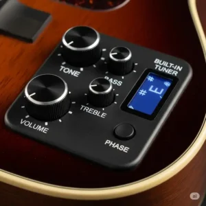 Close-up of the onboard preamp system on a cort acoustic-electric guitar, including controls for volume, tone, and a built-in tuner.