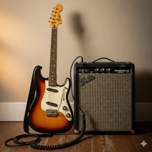 A Fender Bronco guitar leaning against a small practice amplifier, a common pairing for home use and beginners.