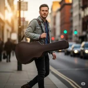 A musician carries an acoustic guitar case over his shoulder using a comfortable and adjustable strap, demonstrating ease of transport.