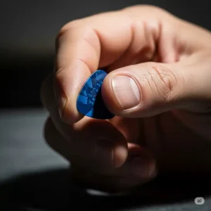 An image showing the correct way for a left-handed player to grip a guitar pick for effective strumming and picking on their acoustic guitar.