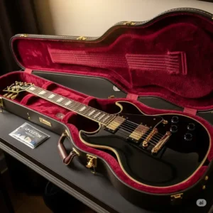 An lp custom guitar resting inside a plush-lined hard case, emphasizing its protection and value for travel.