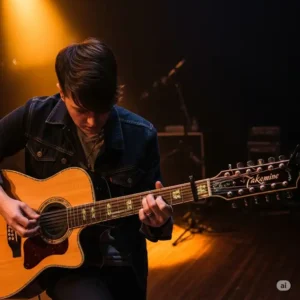 a musician playing a Takamine 12 string guitar