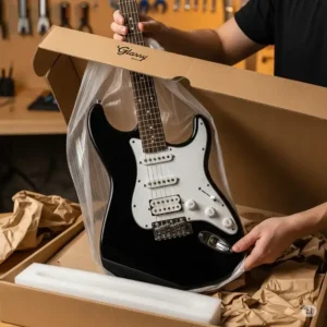 An image of a new glarry electric guitar being carefully unboxed, showing the packaging and protective wrapping.