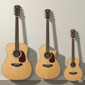 An illustration showcasing a collection of different rogue acoustic guitar models, including dreadnought, concert, and travel sizes.