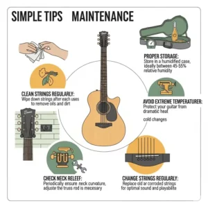 A graphic with simple tips for maintaining a best budget acoustic guitar, like proper string cleaning and storage, to ensure its longevity.