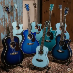 A collection of various blue acoustic guitars, showcasing different shades of blue and body styles. This image is perfect for a guide on choosing the right guitar.