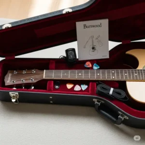 A burswood guitar nestled inside its soft case, along with included beginner accessories.