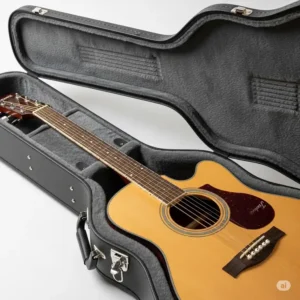 an acoustic jasmine guitar resting inside its padded case, ready for transport.