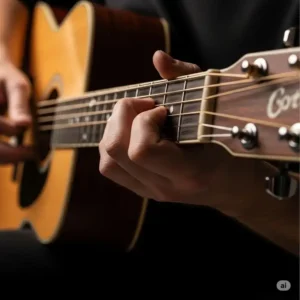 A photo showing a musician's hands on the fretboard of a cort acoustic guitar, demonstrating its comfortable neck and smooth playability.